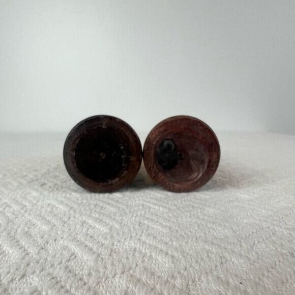 Vintage Carved Handmade Wooden Pair Two 2 MCM Boho Candle Holders Brown Retro - Picture 5 of 10